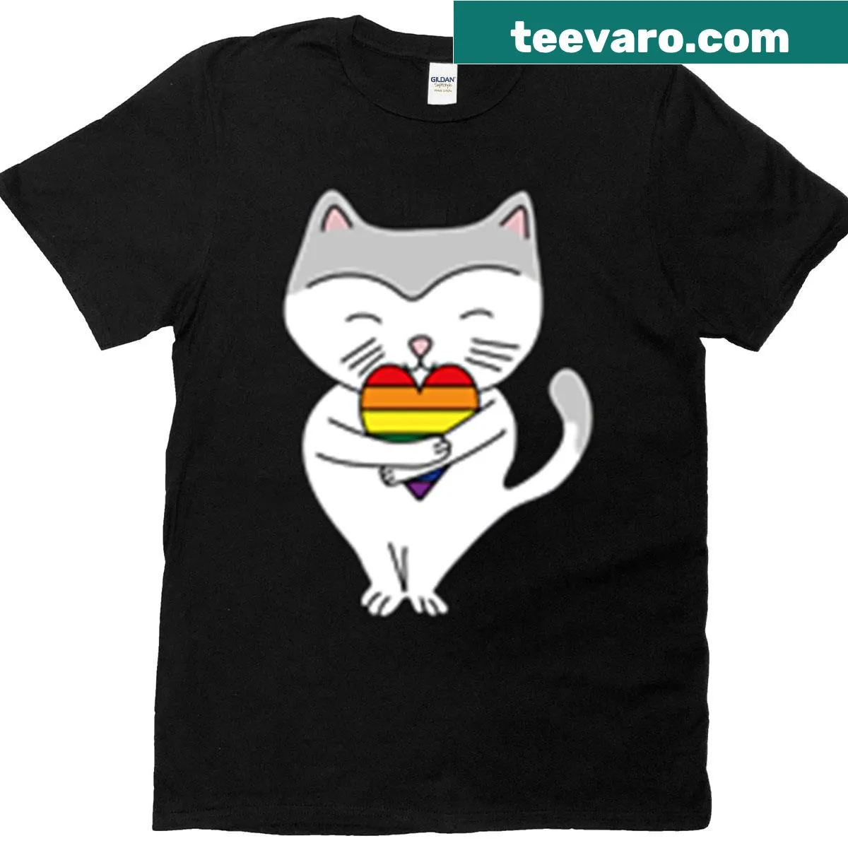 Cat hugging a rainbow heart illustration on a T-shirt — on a men's t-shirt