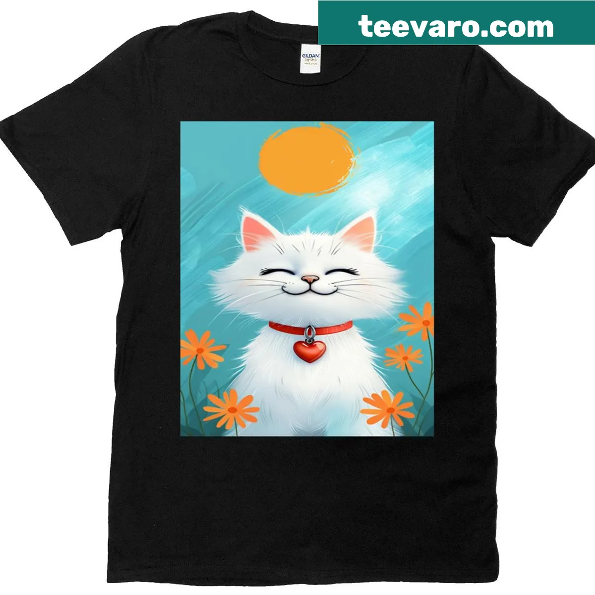 Graphic t-shirt featuring a cat in a serene landscape illustration — on a men's t-shirt