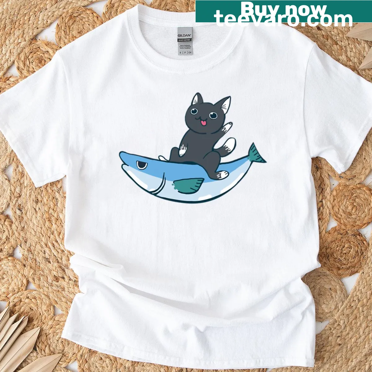 Illustrated T-shirt featuring cats in a rodeo setting — on a men's t-shirt