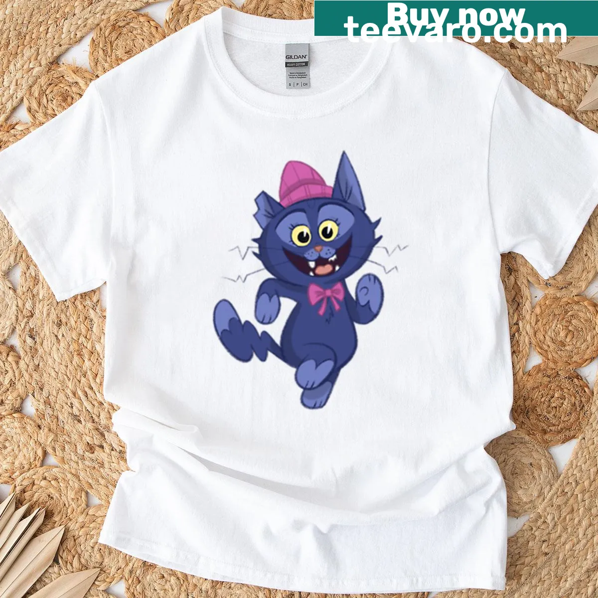T-shirt featuring an illustration of a stylish cat walking — on a men's t-shirt