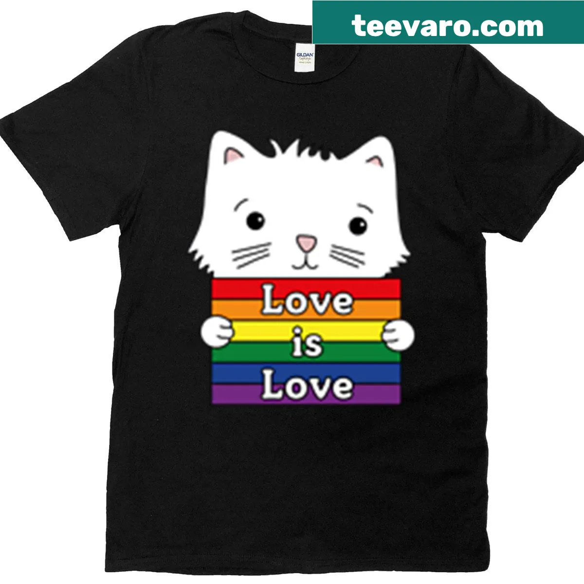 Oversized t-shirt featuring a cat and pride flag graphic — on a men's t-shirt