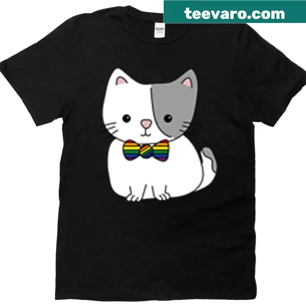 Illustration of a cat wearing a rainbow bow tie