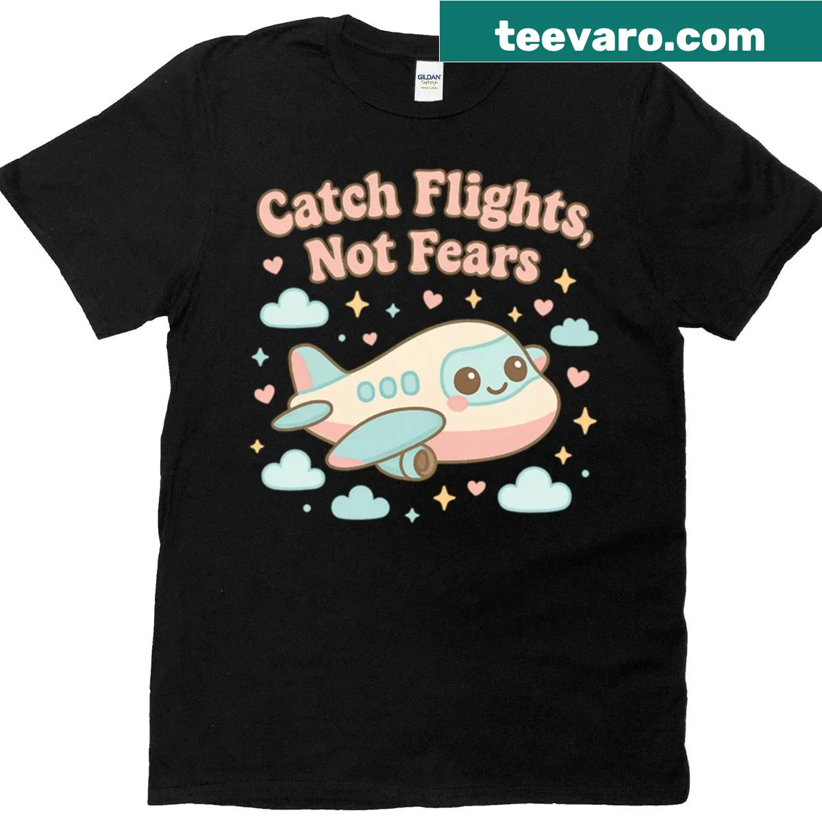 Kawaii graphic with 'Catch Flights Not Fears' text — on a men's t-shirt