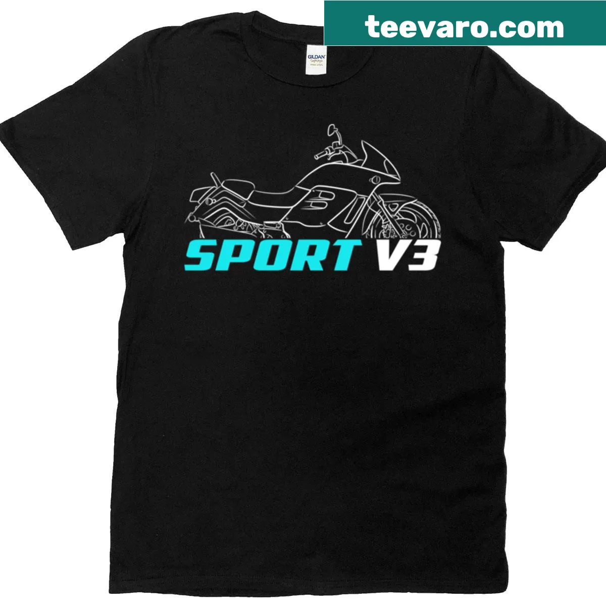 T-shirt featuring the Cfmoto V3 Sport motorcycle graphic — on a men's t-shirt