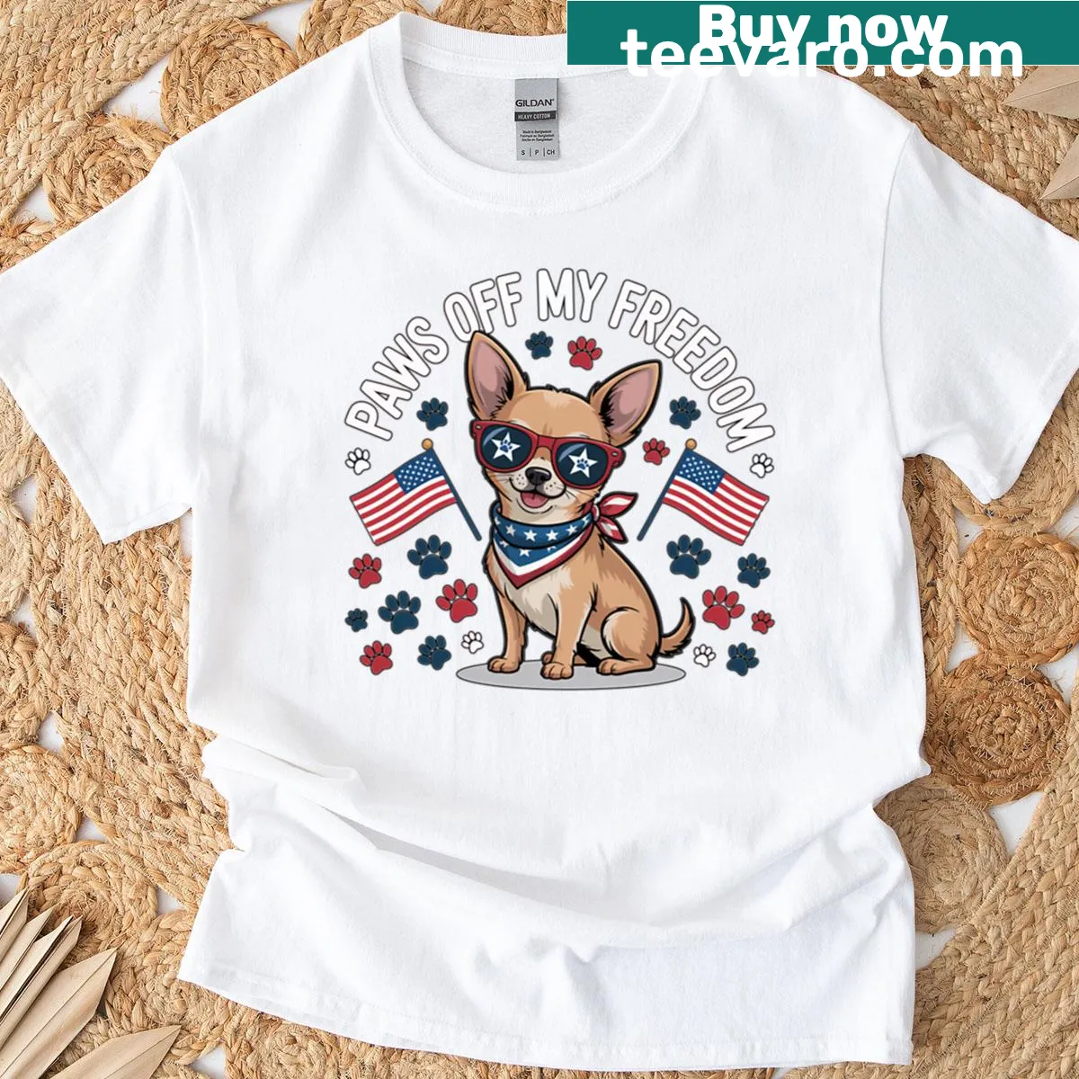 Patriotic Chihuahua T-shirt with stars and stripes illustration — on a men's t-shirt