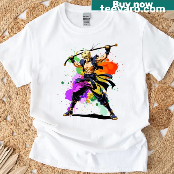 Anime character with sword graphic on t-shirt