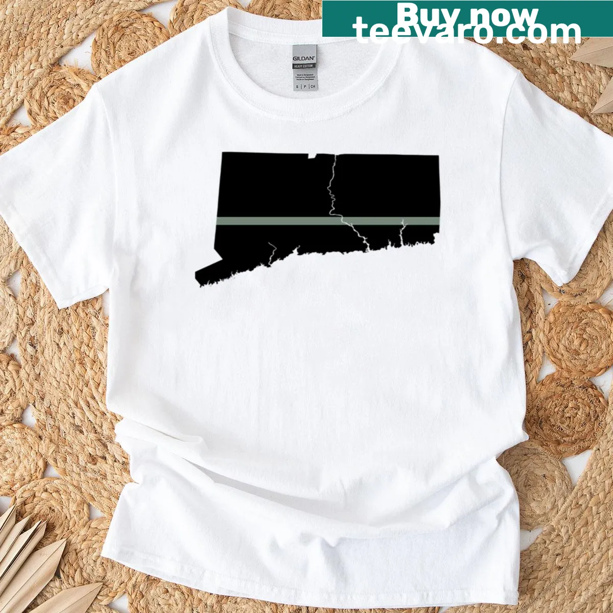 Connecticut Thin Silver Line t-shirt with badge design — on a men's t-shirt