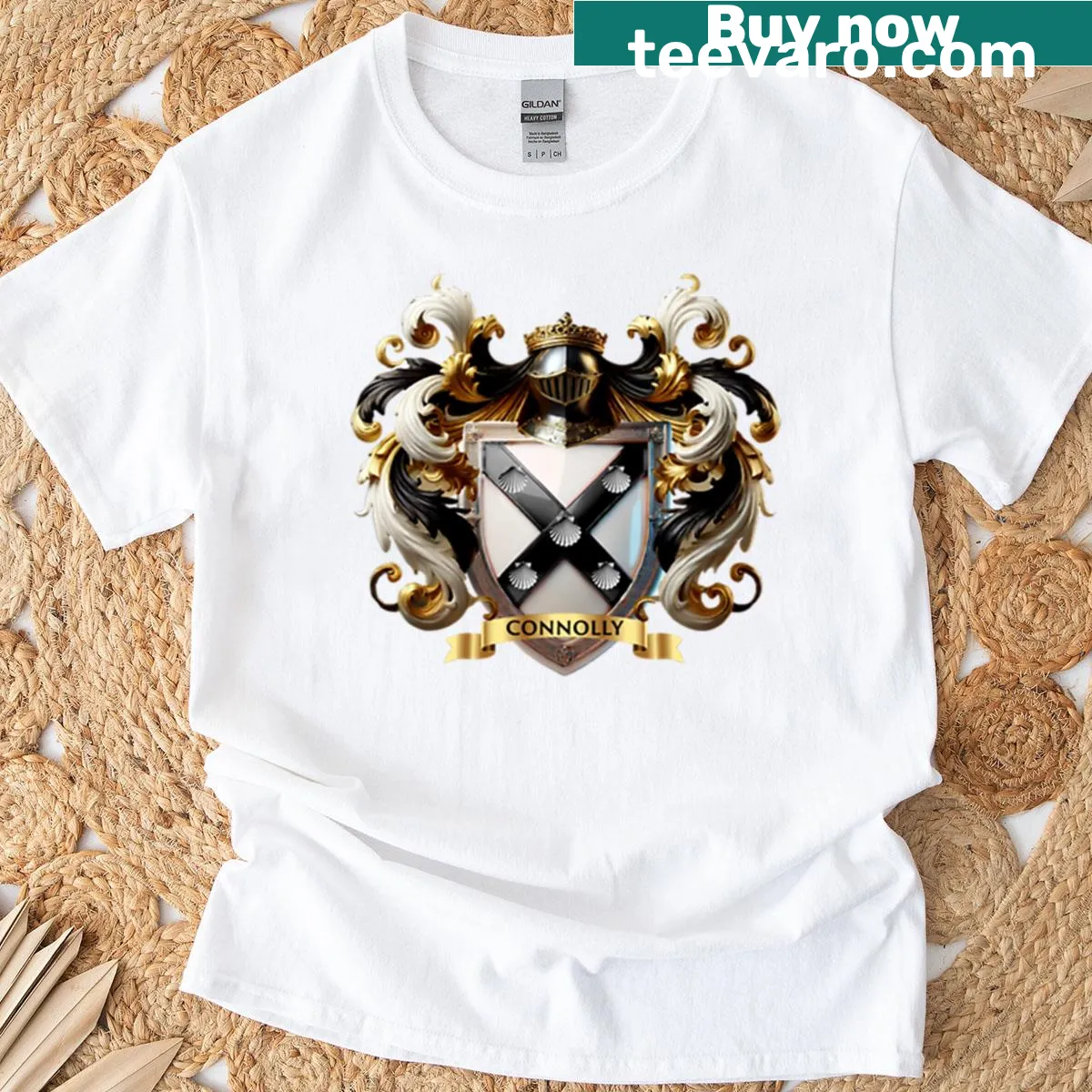 Connolly Family Crest t-shirt with black cross and silver shells — on a men's t-shirt
