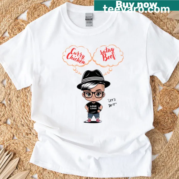Chibi food dilemma t-shirt featuring curry chicken and satay beef illustrations