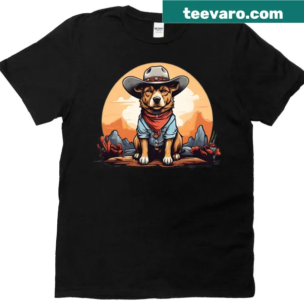 Cartoon dog in a western theme on an oversized t-shirt