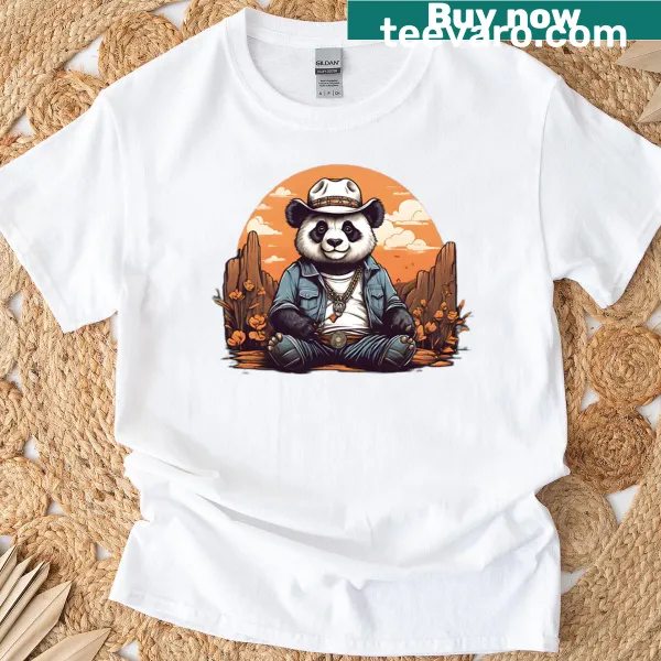 Oversized T-shirt with a cute panda in Western attire.
