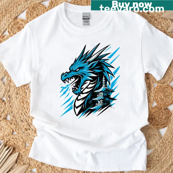 Oversized T-shirt featuring a roaring cyber dragon in a mystical setting.