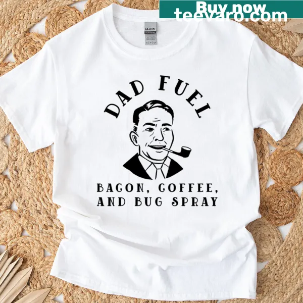 Father's Day camping t-shirt featuring bacon, coffee, and bug spray
