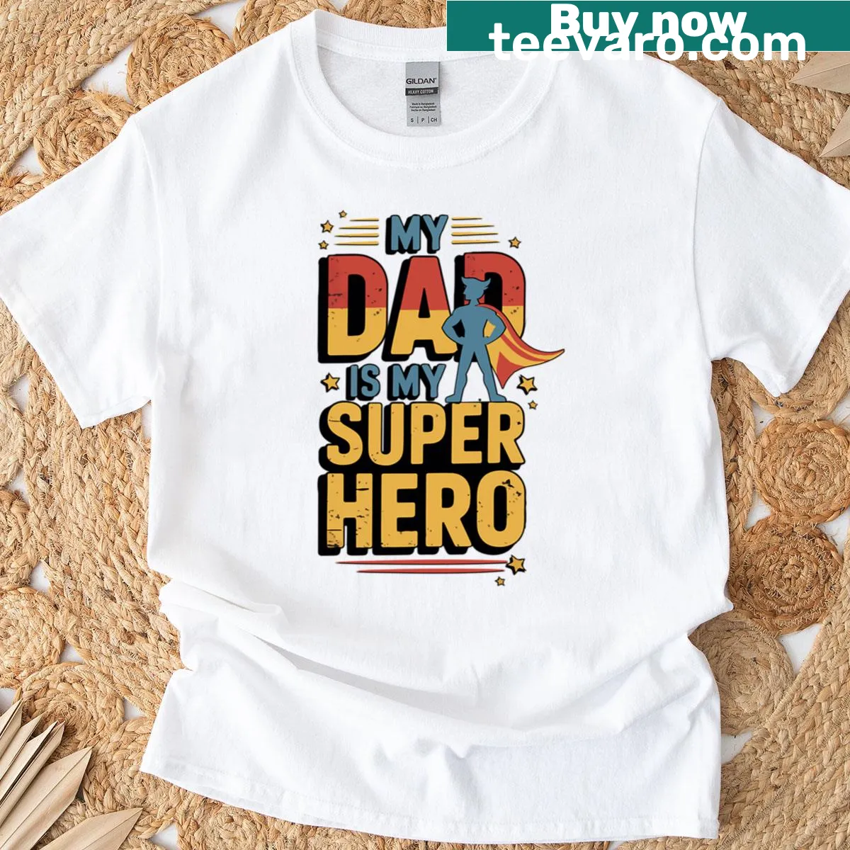 T-shirt with text 'Dad Is My Superhero' honoring fathers — on a men's t-shirt