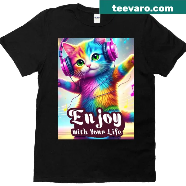 Oversized t-shirt with a cartoon cat dancing at a party
