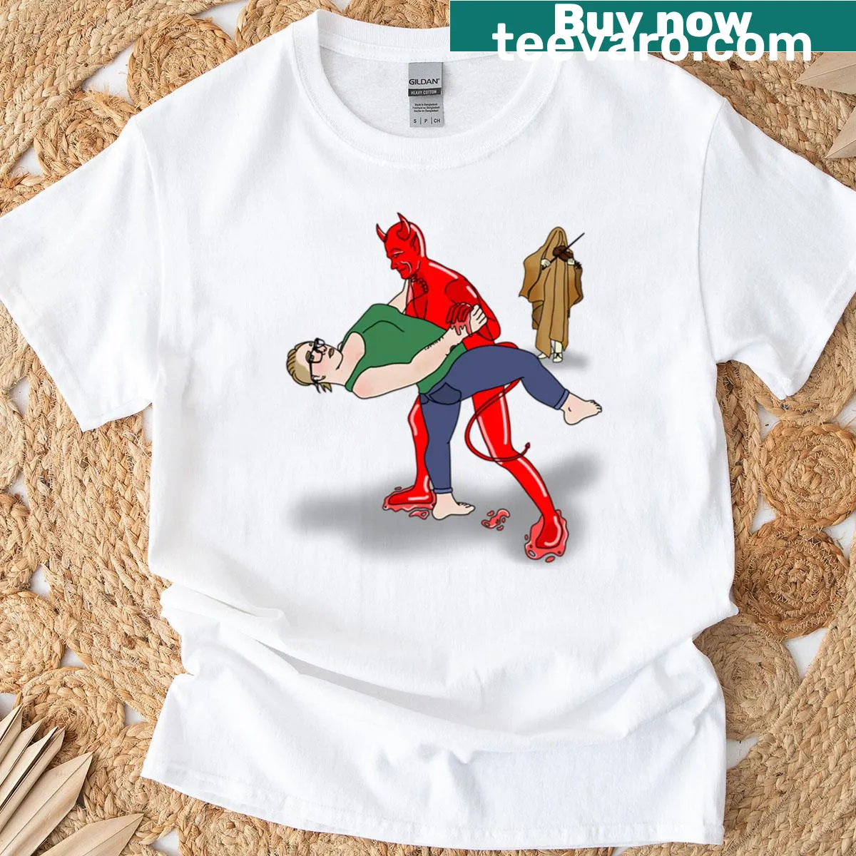 Cartoon red devil dancing T-shirt illustration — on a men's t-shirt