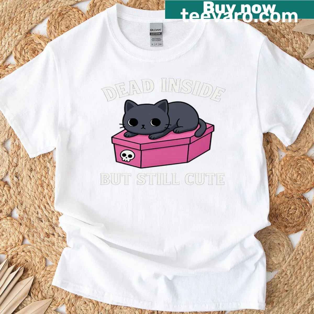 Cute goth cat graphic on a T-shirt with a sad expression — on a men's t-shirt