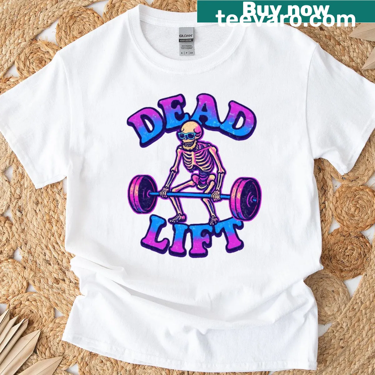 Vintage-style fitness T-shirt with a humorous skeleton lifting weights — on a men's t-shirt