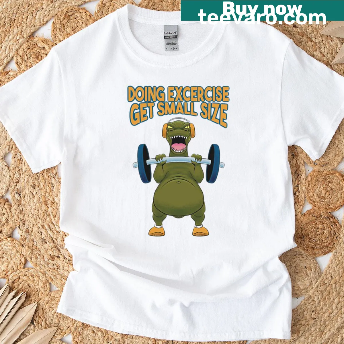 Dinosaur lifting weights graphic on a workout t-shirt — on a men's t-shirt