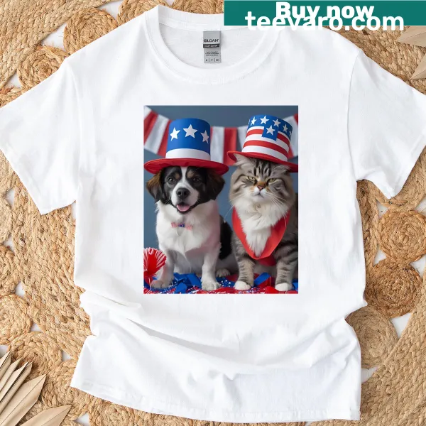 Illustration of a dog and cat celebrating 4th of July on a T-shirt