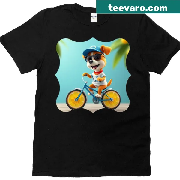 Cute dog riding a bike graphic on a T-shirt