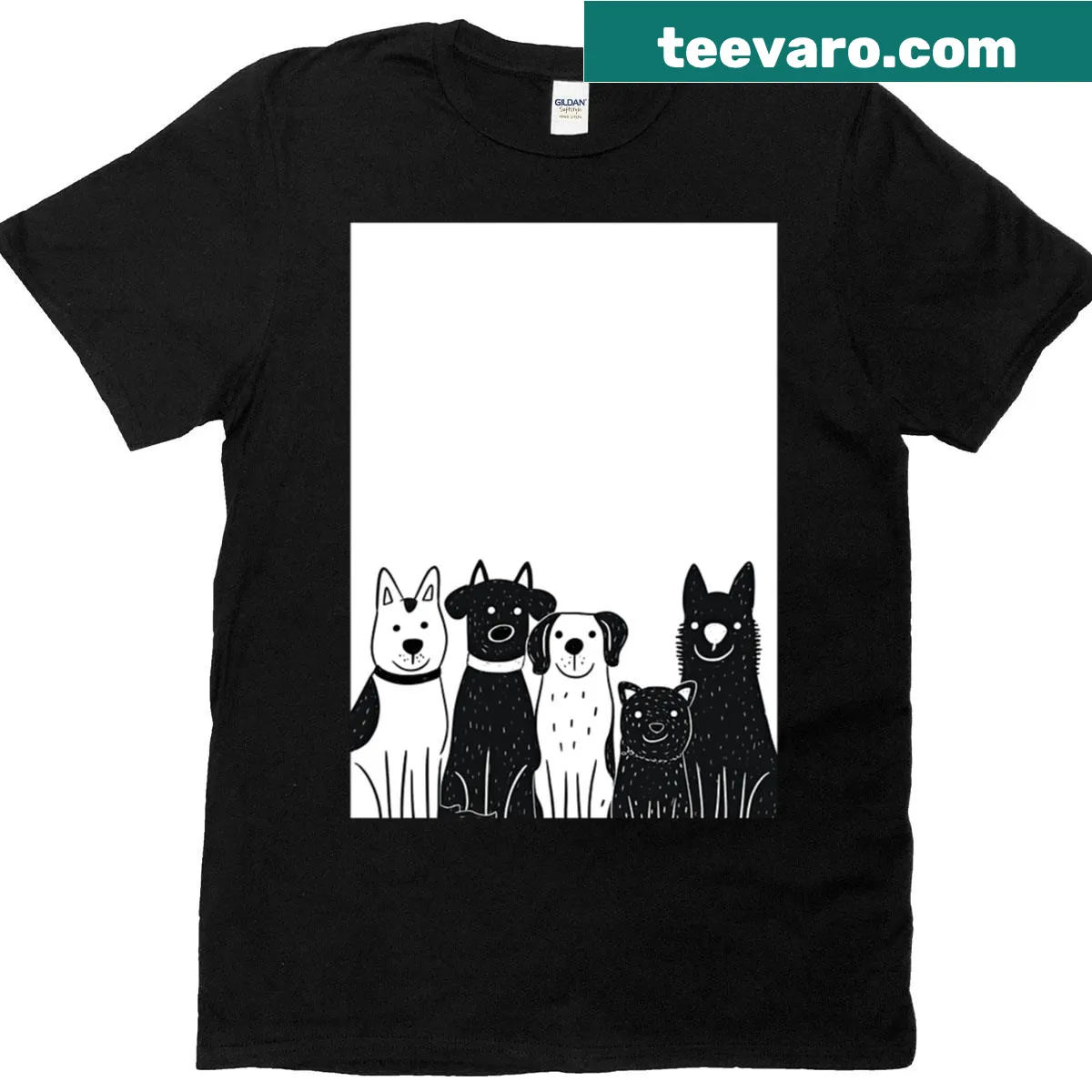 Minimalist t-shirt with simple illustrations of dogs of various sizes — on a men's t-shirt