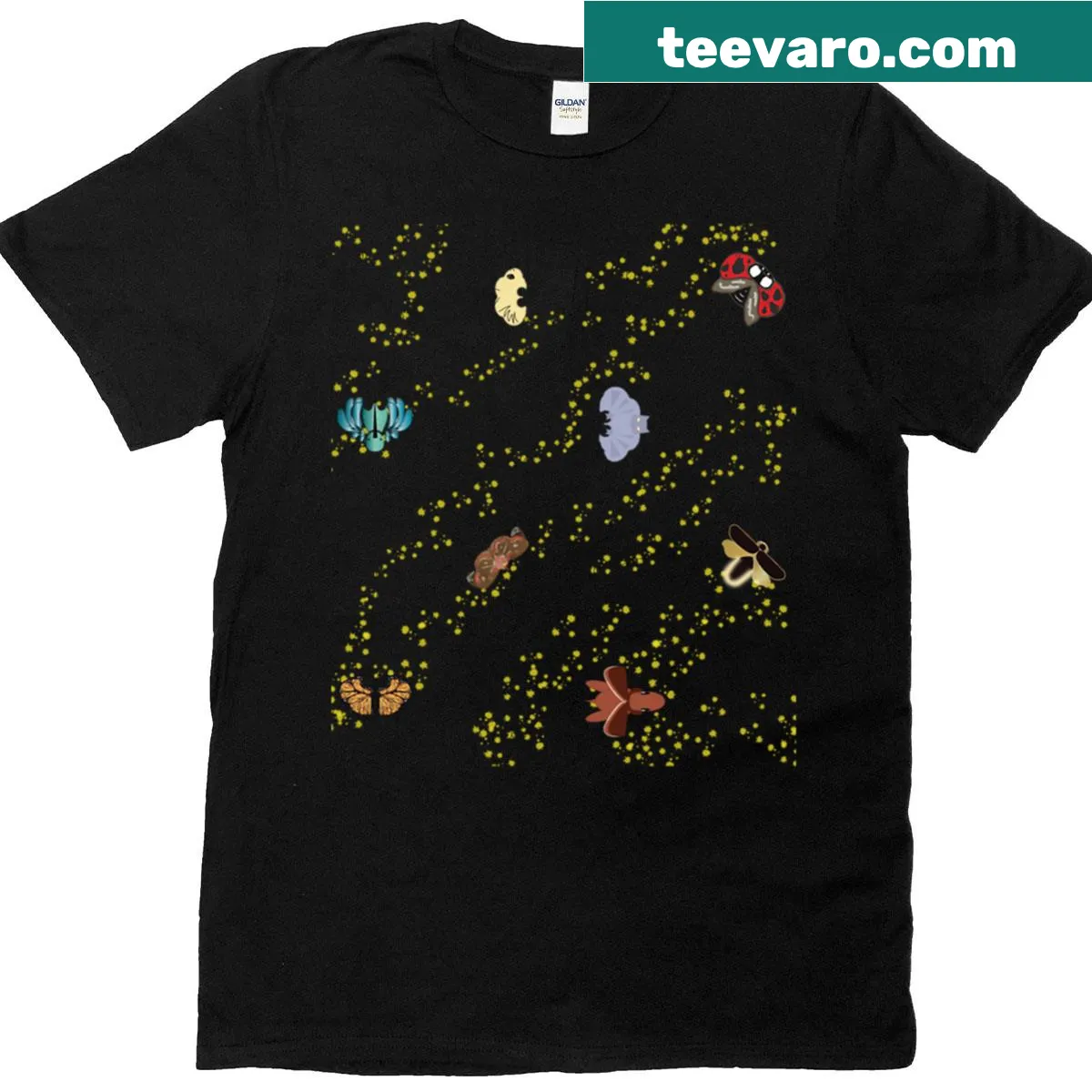 Whimsical t-shirt featuring bees and flowers illustration — on a men's t-shirt