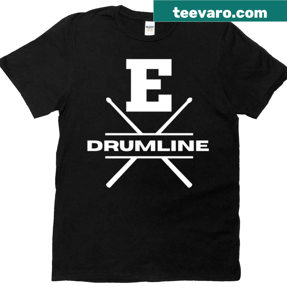 Cartoon emu playing drums on a fun T-shirt design — on a men's t-shirt