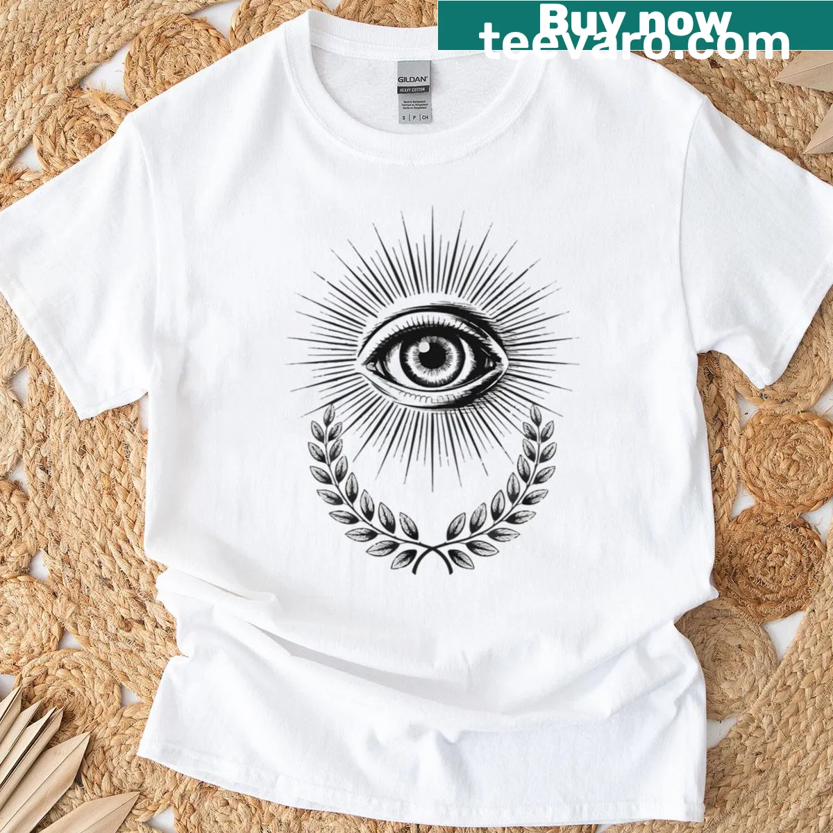 T-shirt featuring the Eye of Providence with bold typography — on a men's t-shirt