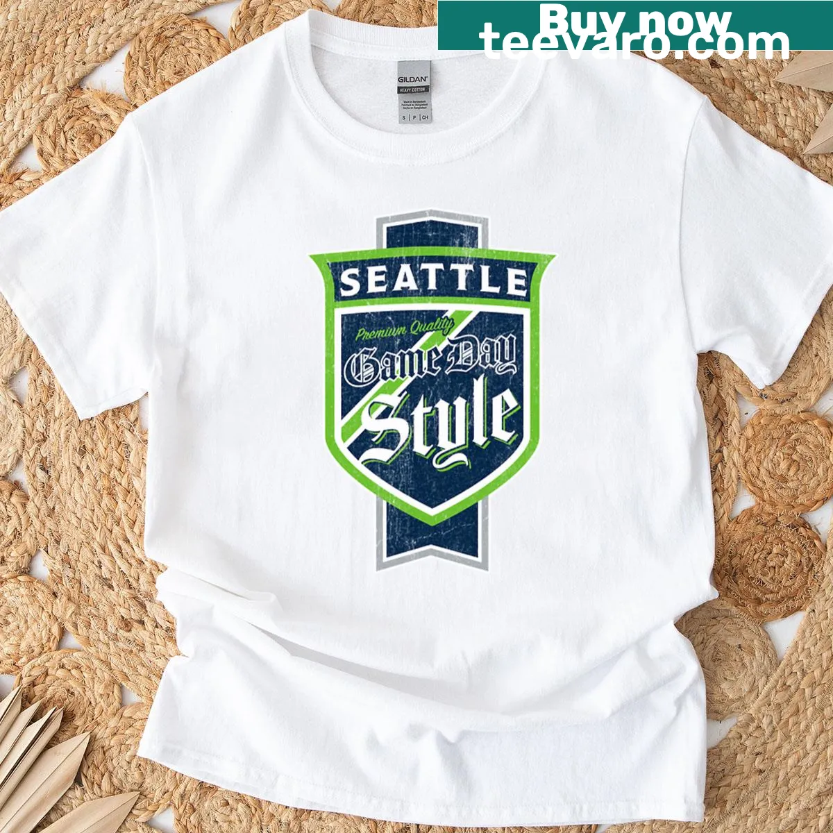 Faded beer label graphic on a Seattle pride T-shirt — on a men's t-shirt