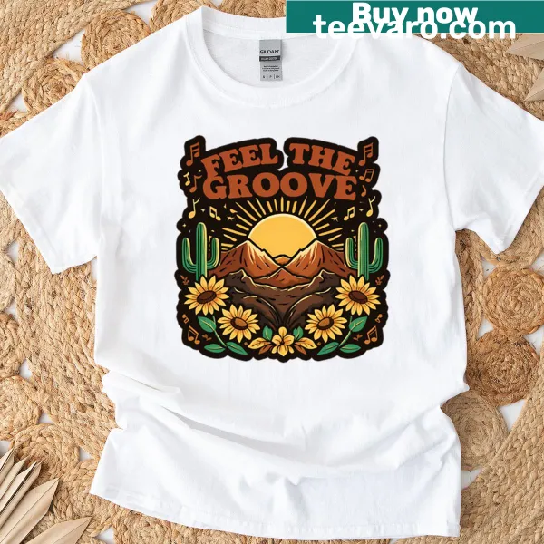 Playful typographic t-shirt saying 'Feel The Groove'