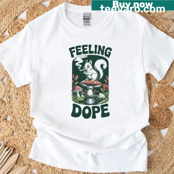 Playful illustration of a trippy squirrel on a mushroom on t-shirt