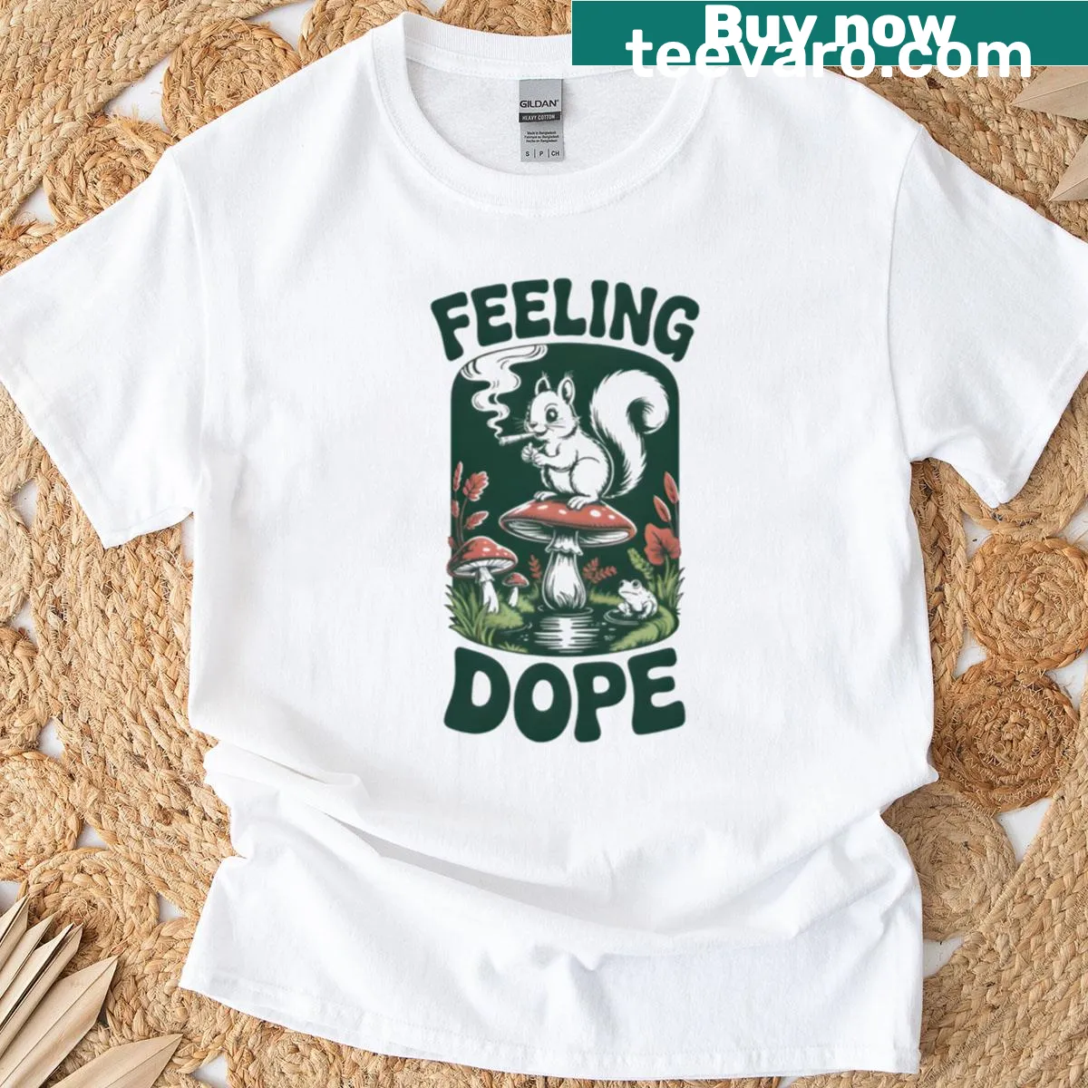 Playful illustration of a trippy squirrel on a mushroom on t-shirt — on a men's t-shirt