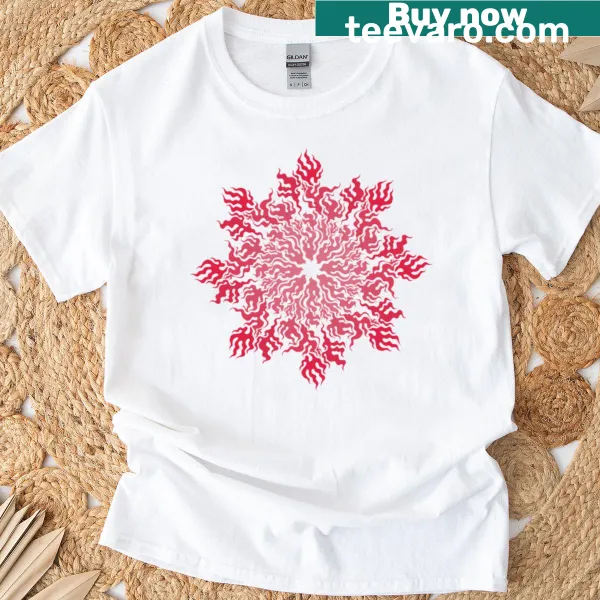 Intricate fire-themed mandala design on a t-shirt.