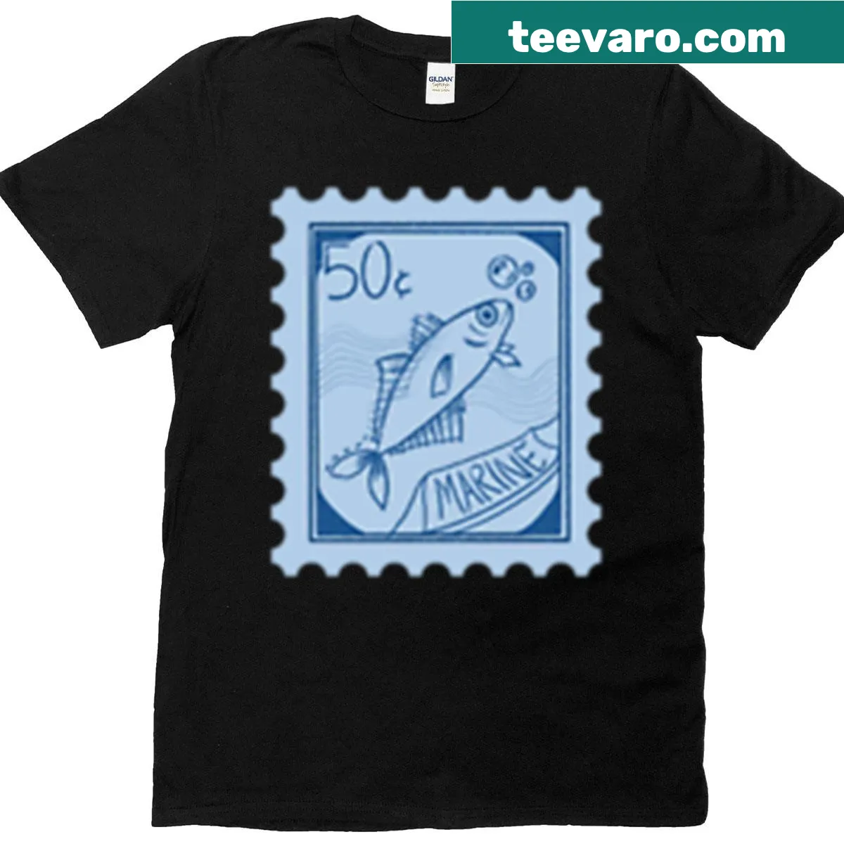 Vintage ocean fish graphic resembling a postage stamp on t-shirt — on a men's t-shirt