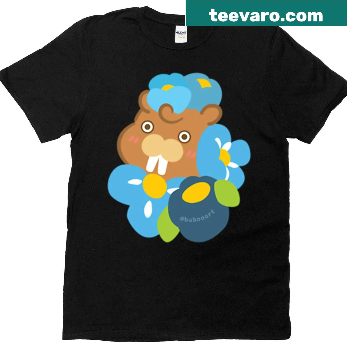 Cute cartoon beaver and floral design on t-shirt — on a men's t-shirt