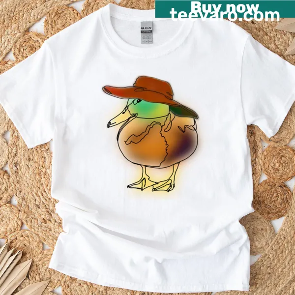 T-shirt featuring a cute duck cartoon with a funny hat.
