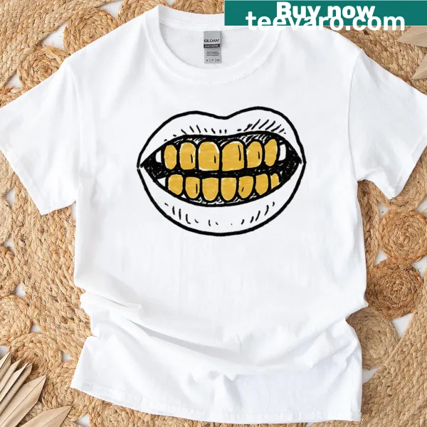 Graphic design of bold gold grillz on a T-shirt