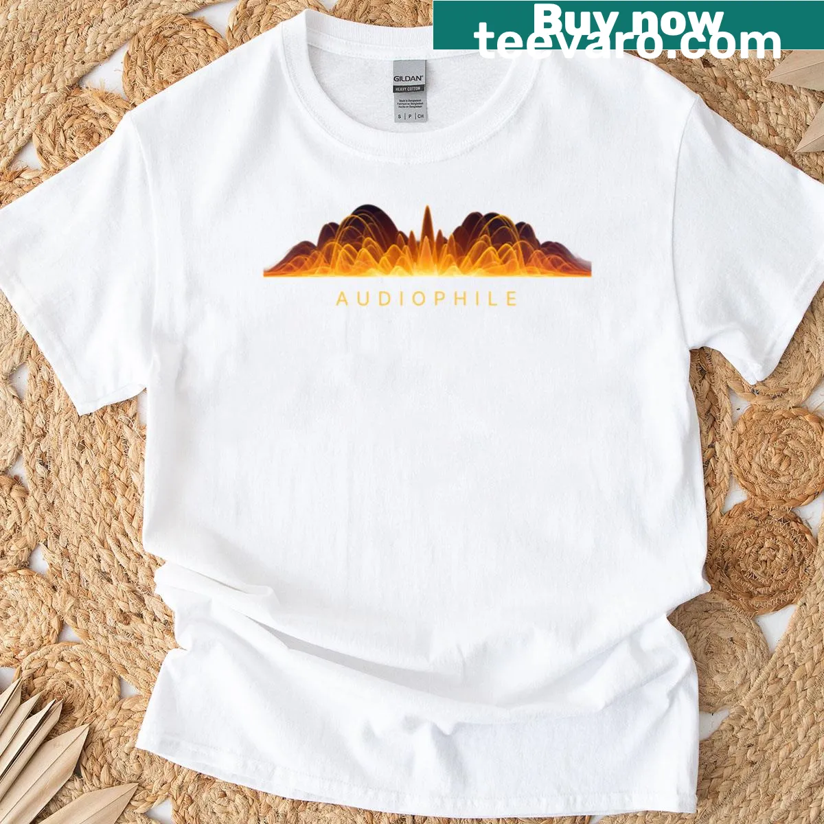 Audiophile T-shirt featuring a sound wave graphic. — on a men's t-shirt