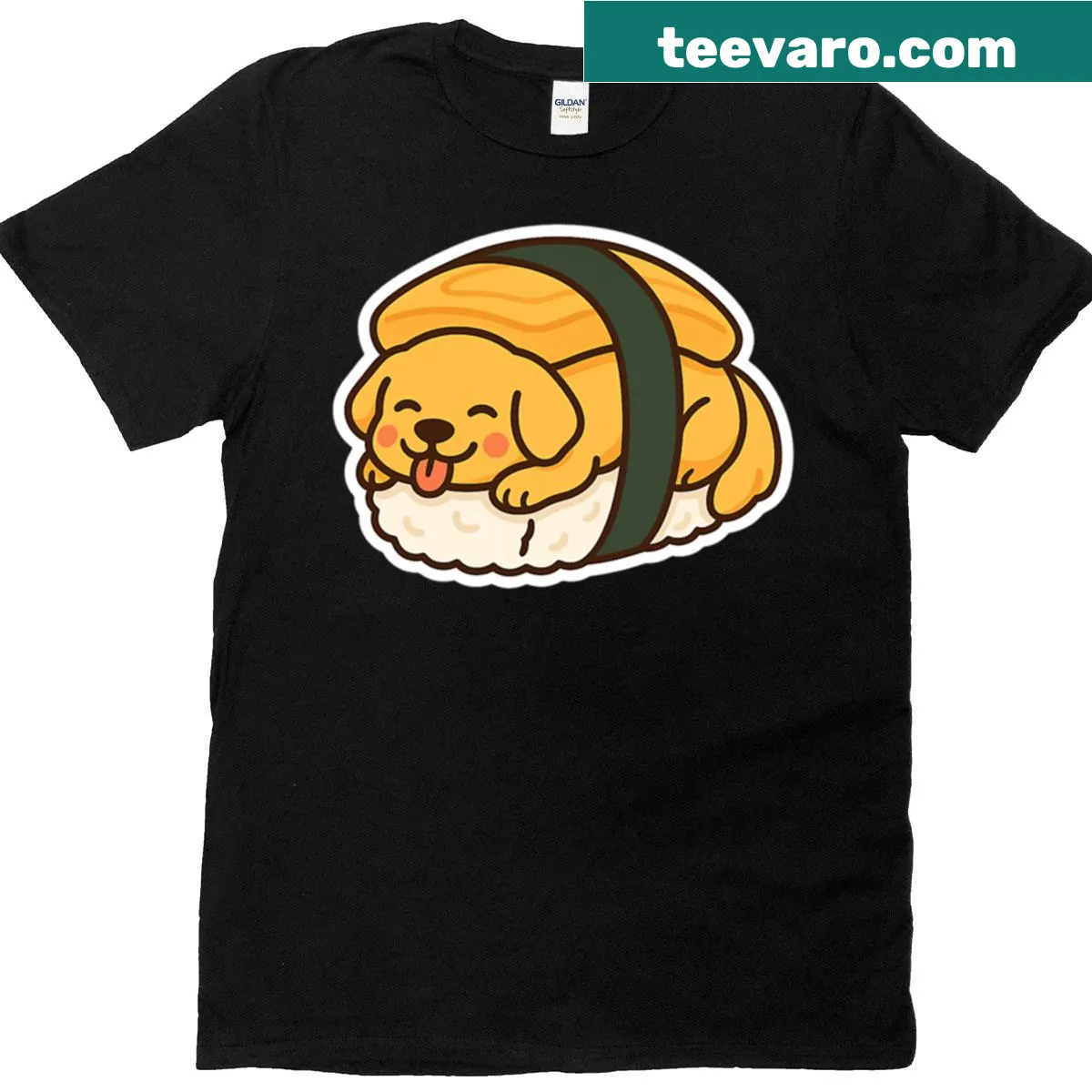 T-shirt with a cute illustration of a golden retriever as a sushi roll. — on a men's t-shirt
