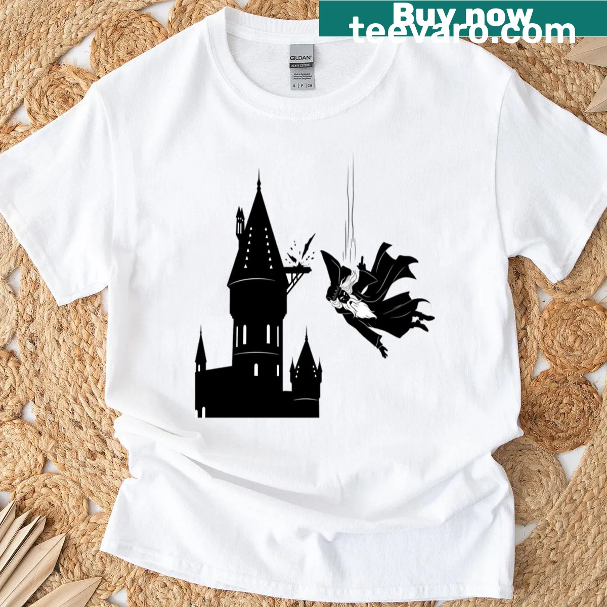 Oversized t-shirt with a whimsical Dumbledore farewell sticker design — on a men's t-shirt