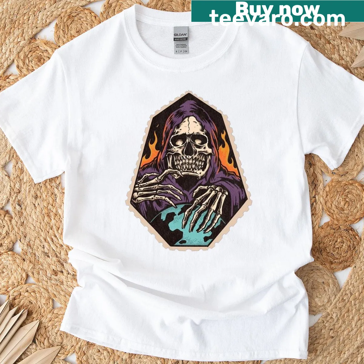Grim Reaper T-shirt featuring a stylized graphic of the iconic figure. — on a men's t-shirt