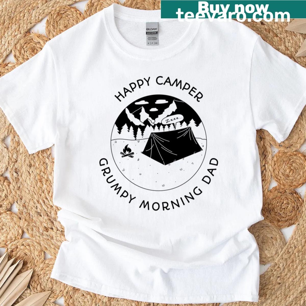 Funny Happy Camper design for Grumpy Morning Dad T-shirt — on a men's t-shirt