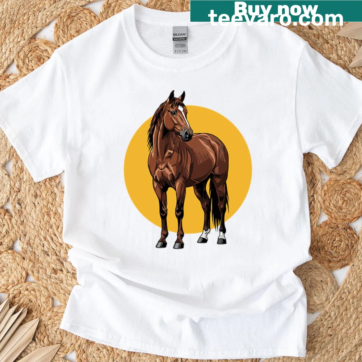 Horse t-shirt with sunset silhouette design — on a men's t-shirt