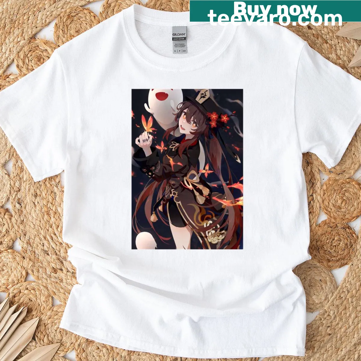 Illustration of Hu Tao, a mischievous character, on a playful t-shirt design. — on a men's t-shirt