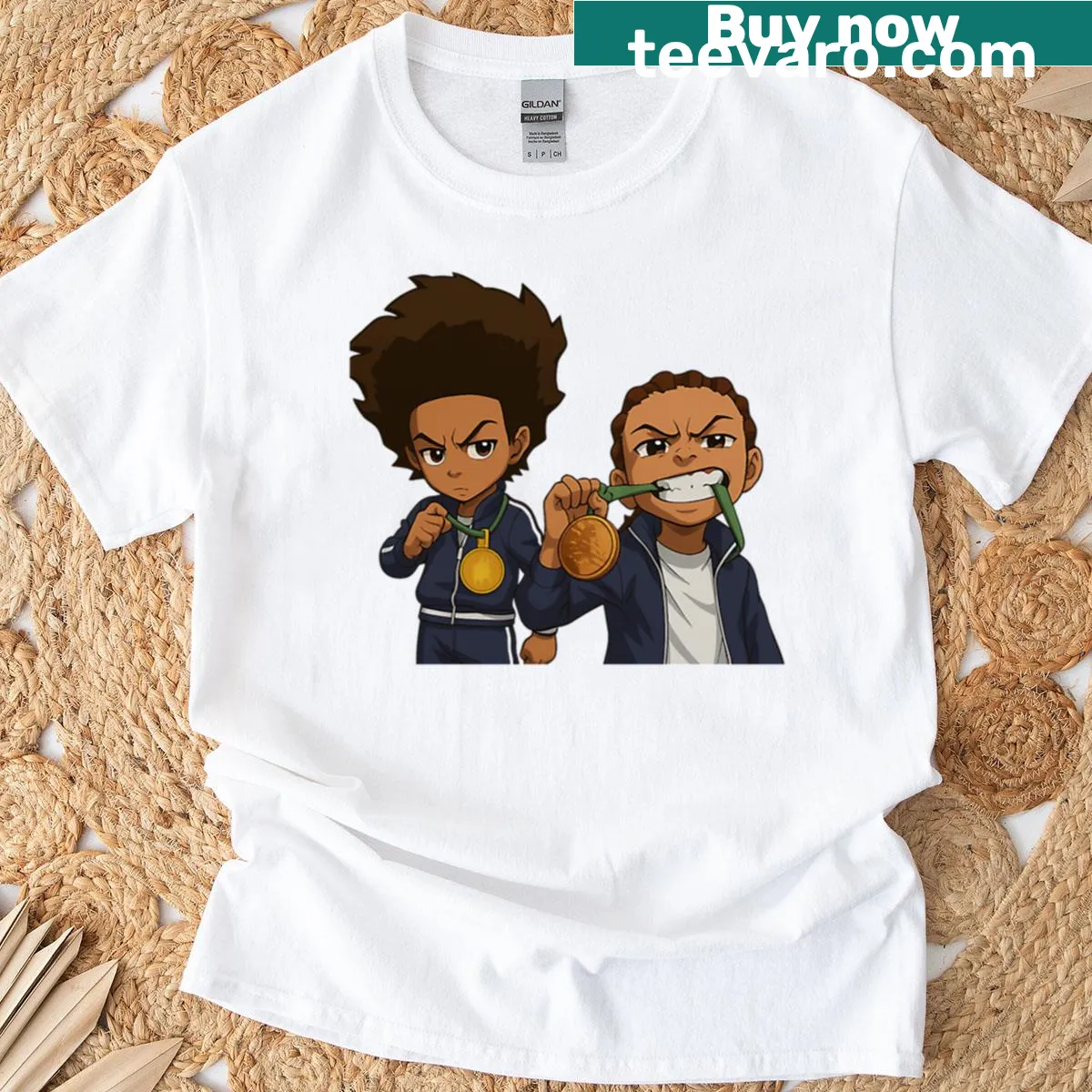 Boondocks oversized t-shirt featuring Huey and Riley Freeman — on a men's t-shirt