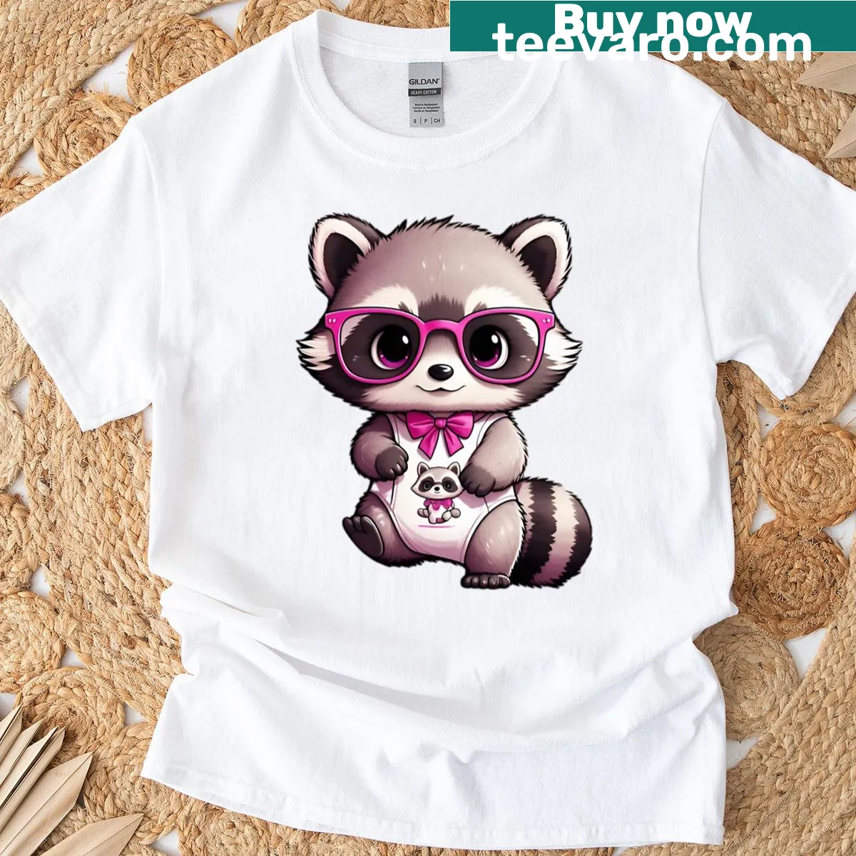 Oversized t-shirt with a playful raccoon graphic inviting hugs — on a men's t-shirt