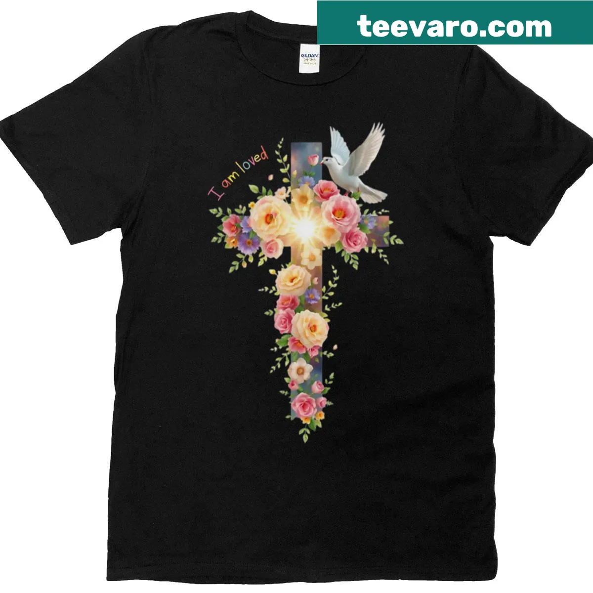 Floral cross tee with inspirational text and dove illustration — on a men's t-shirt