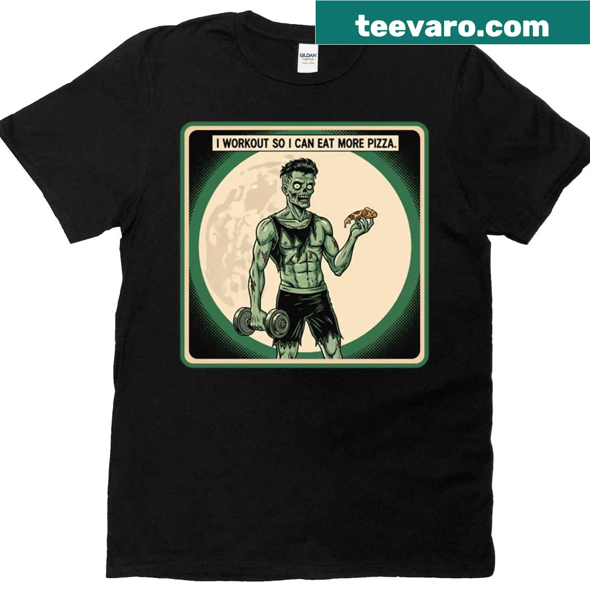 Funny workout pizza declaration T-shirt — on a men's t-shirt