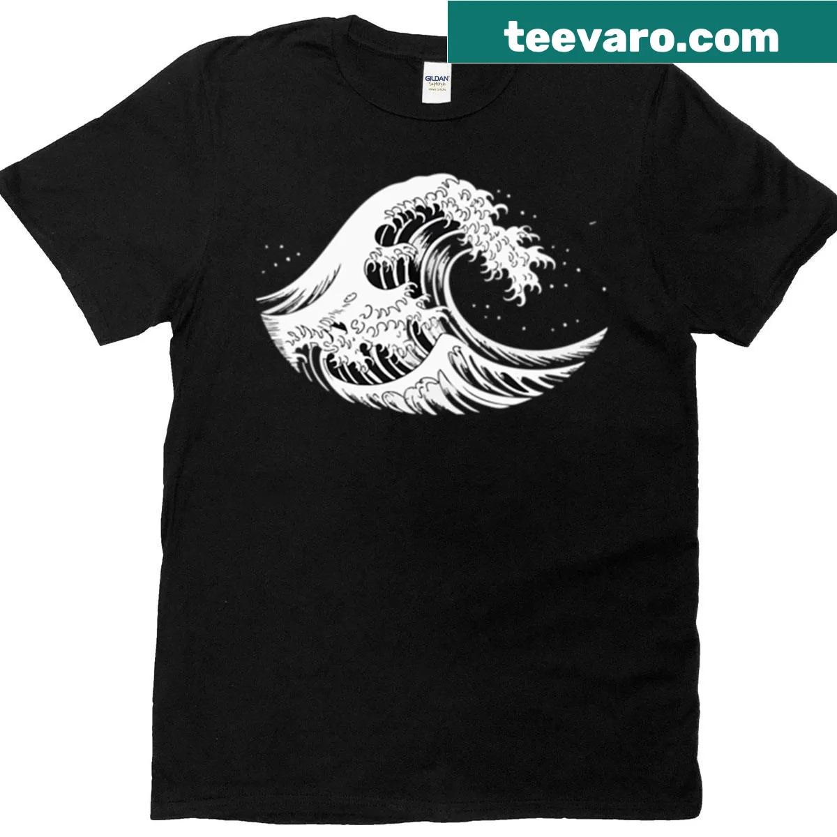 T-shirt featuring Japanese style waves illustration — on a men's t-shirt